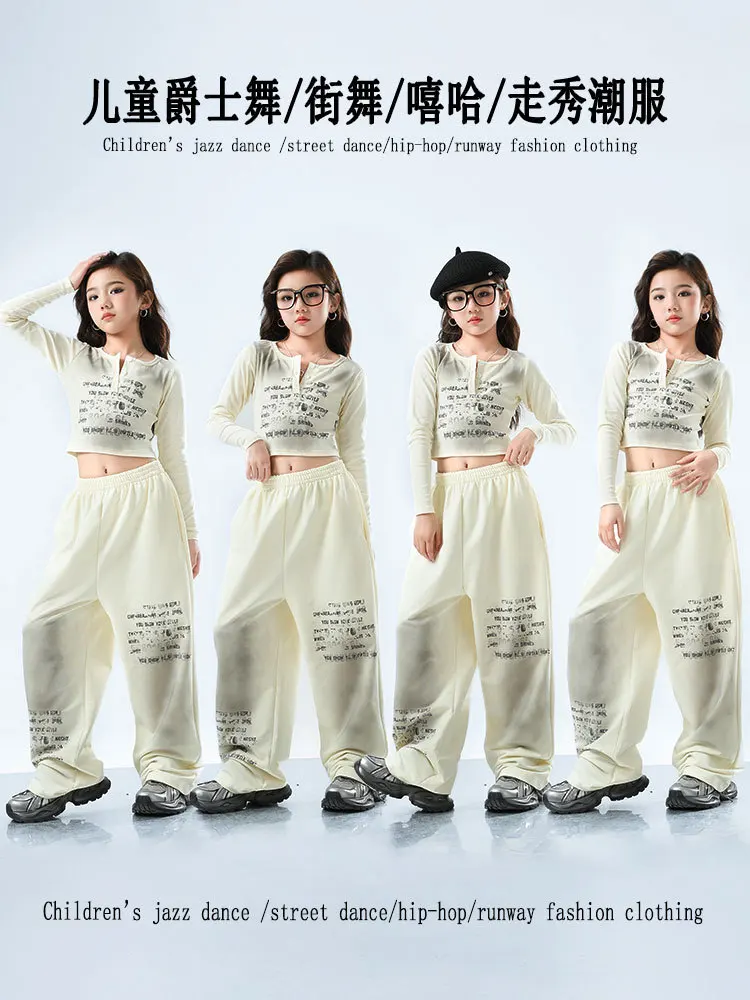 Kid Kpop Hip Hop Clothing Yellow Button Neck Crop Top T Shirt Letters Casual Sweat Pants for Girls Jazz Dance Costumes Clothes