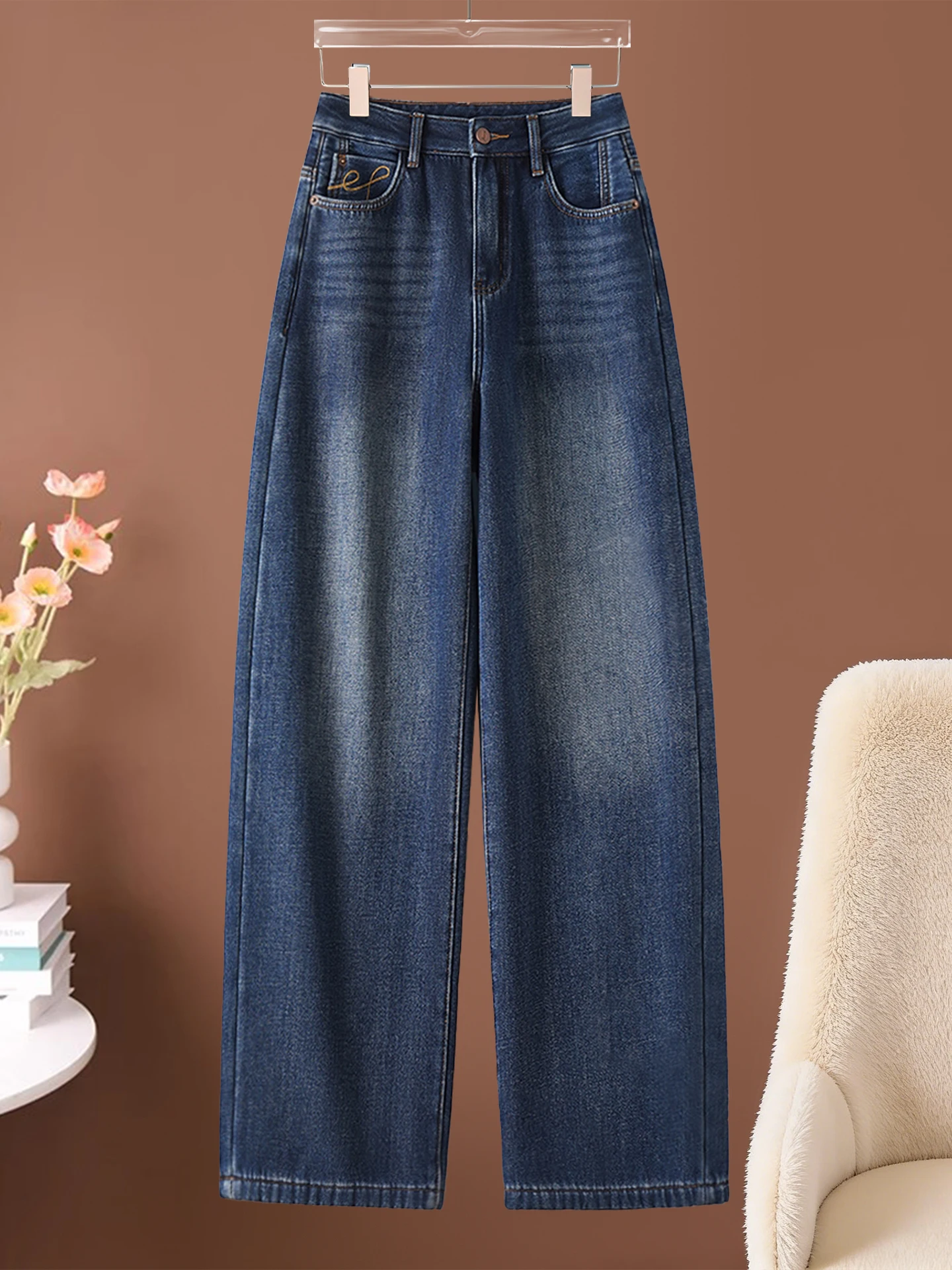 

Джинсы женские с высокой талией, расклешенные, из денима, на флисовой подкладке, прямые брюки длиной 7/8, весна-осень-зима, новый стиль