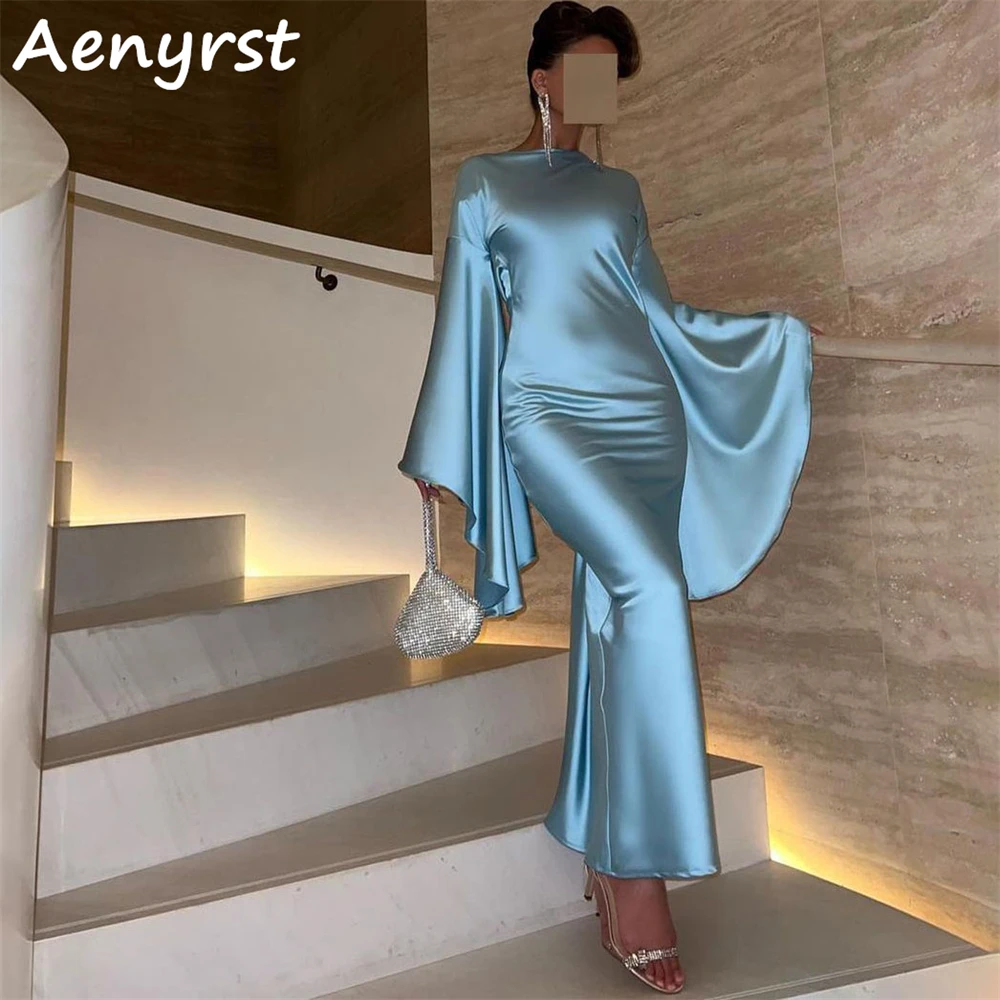 Aenyrst Simple Long Flared Sleeves Saudi Arabia Evening Dresses Mermaid Satin Bodycon Prom Dress Ankle Length Formal Party Gowns