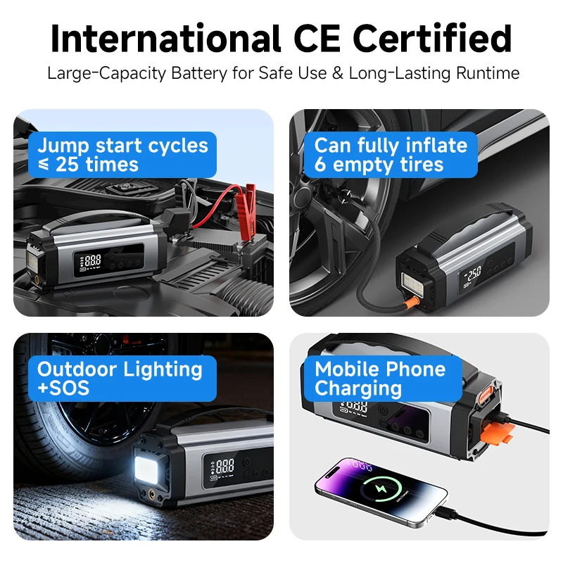 8000mAh Automotive Jump Starter Air Compressor ABS CE FCC ROHS Private Label Supply