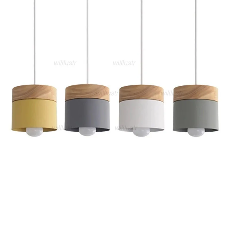 

Metal Cylinder Pendant Lamp Wood Suspension Light Hotel Cafe Bar Iron Macaron Color Yellow Gray Green Hanging Ceiling Chandelier