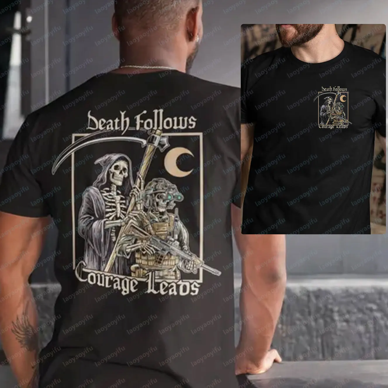 Tactical Skeleton Graphic T-Shirt Men Death Follows Courage Leads Short Sleeve Cotton Tops Clothing Summer Casual Men‘s T Shirt