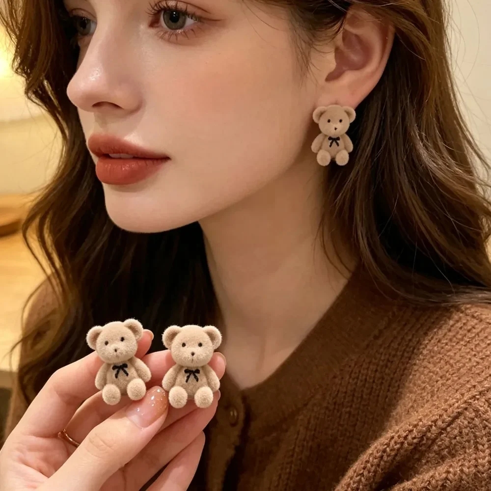 Cute Flocking Plush Brown Rabbit & Bear Stud Earrings Korean Style Animal Ear Jewelry Party Gift for Girls