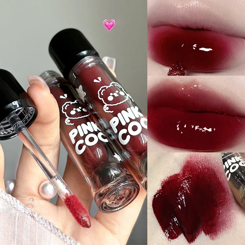 Cute Bear Red Lipgloss Black Mirror Glass Water Light Clear Lip Glaze Waterproof Non Stick Liquid Lipstick Nude Lips Tint Makeup