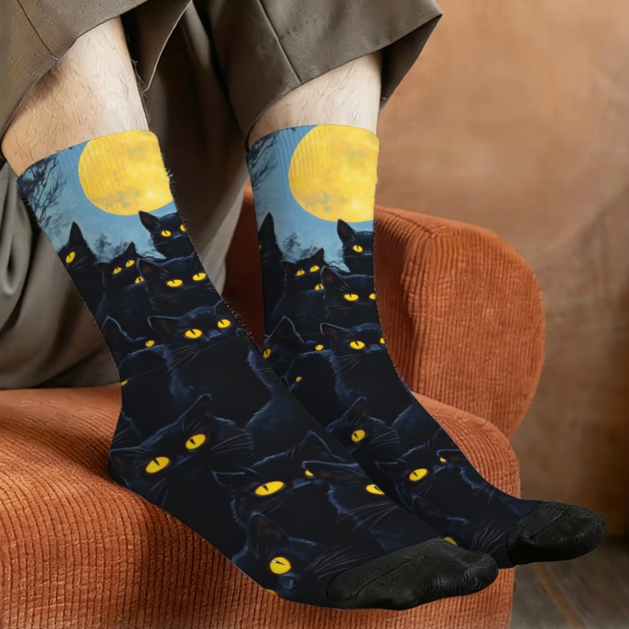 Mystic Black Cat Crew Socks, Full Moon Night Cat Print Socks, Gift for Gothic Mystic & Dark Animal Style Enthusiasts