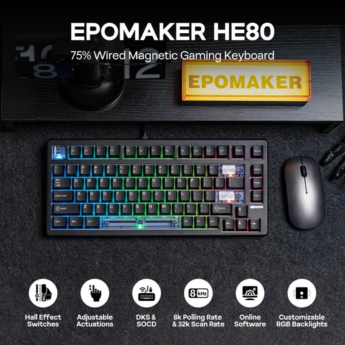 Imagen 2 del producto EPOMAKER HE80 75% Diseño QWERTY de EE. UU. Junta cremosa intercambiable en caliente Teclado mecánico magnético con efecto Hall con cable DKS SOCD para PC/Mac