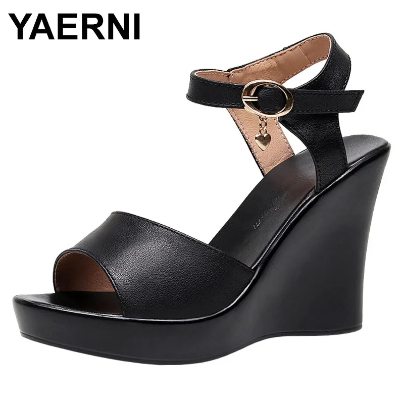 

10CM Genuine Leather Women's Sandals Summer Platform Rome Wedges Heel Women Shoes Offers Dress Peep Toe Black Size 33-41