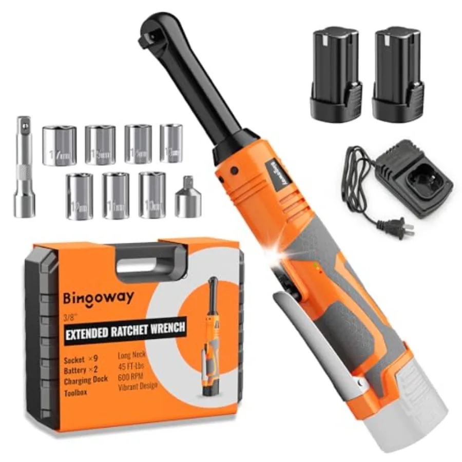 

3/8" Extended Electric Ratchet Wrench Set 45ft-lbs 61N.m 16V Cordless Long Neck Power Ratchet Wrench Kit with 2pcs Batteries LE