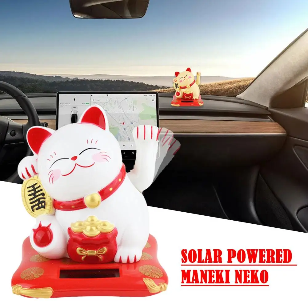 

Maneki Neko Lucky Cat Waving Arm Welcoming Beckoning Fortune Solar Powered Home Office Car Decoration Ornament Accessiores