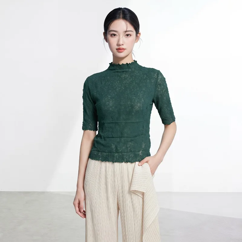 Miyake Pleated 2026 Women's Summer Casual Lightweight Breathable Solid Color Slim Fit Stretch Five-Sleeve Textured T-Shirt Pleat