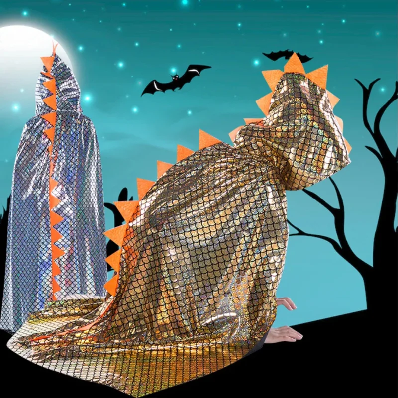 Mantello da dinosauro con paillettes Costume cosplay di Halloween Mantello con cappuccio per bambini Ragazzi Festival Festa Carnevale Mantello per bambini con cappuccio O