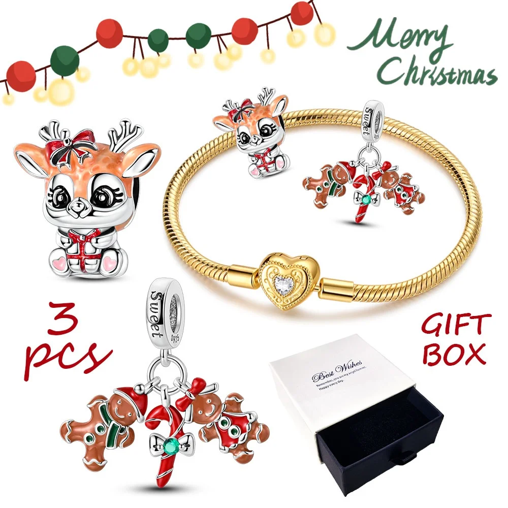 

3 шт./лот, серебро 925 пробы, оригинальный рождественский милый олень, пряничный человечек, очаровательный набор, модный золотой браслет с коробкой, ювелирные изделия, подарок