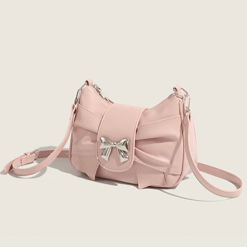 New Pink Zipper Fashion Small Square Bags Sweet Cute Bow Axillary Bags Korean Style Lady Versatile Shoulder Bags Crossbody Bags