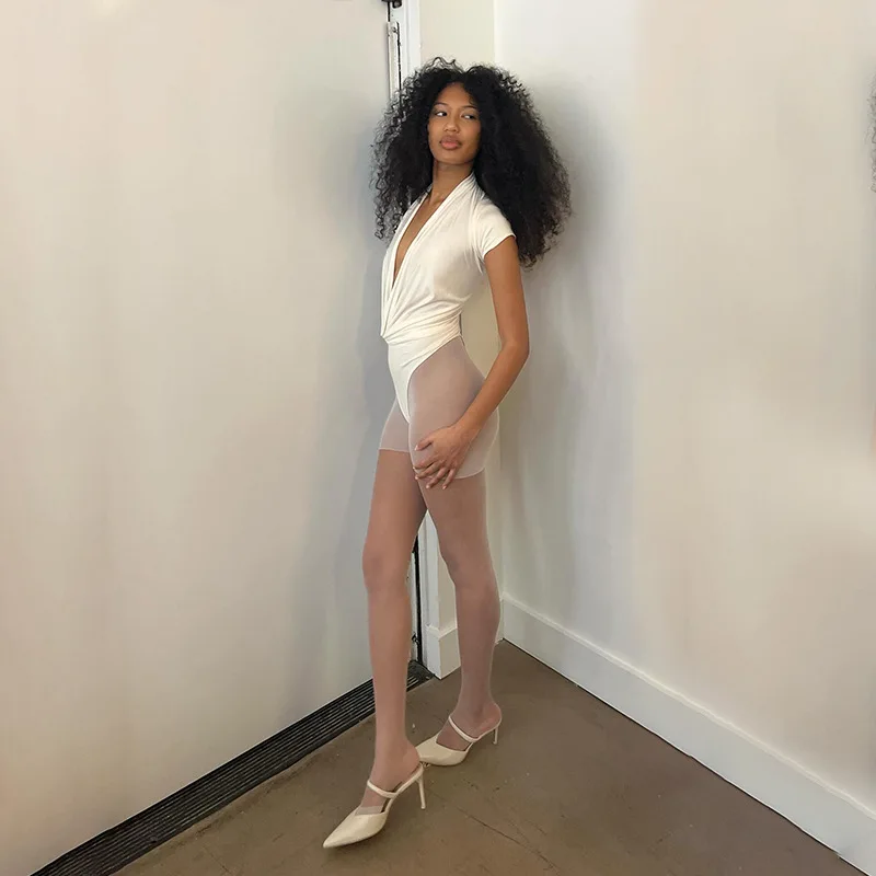 Y2k Summer New Partywear Jumpsuit For GirlsWomen sexy Deep V Neck Short Sleeve Playsuit  Korean Fashion Solid Jumpsuits