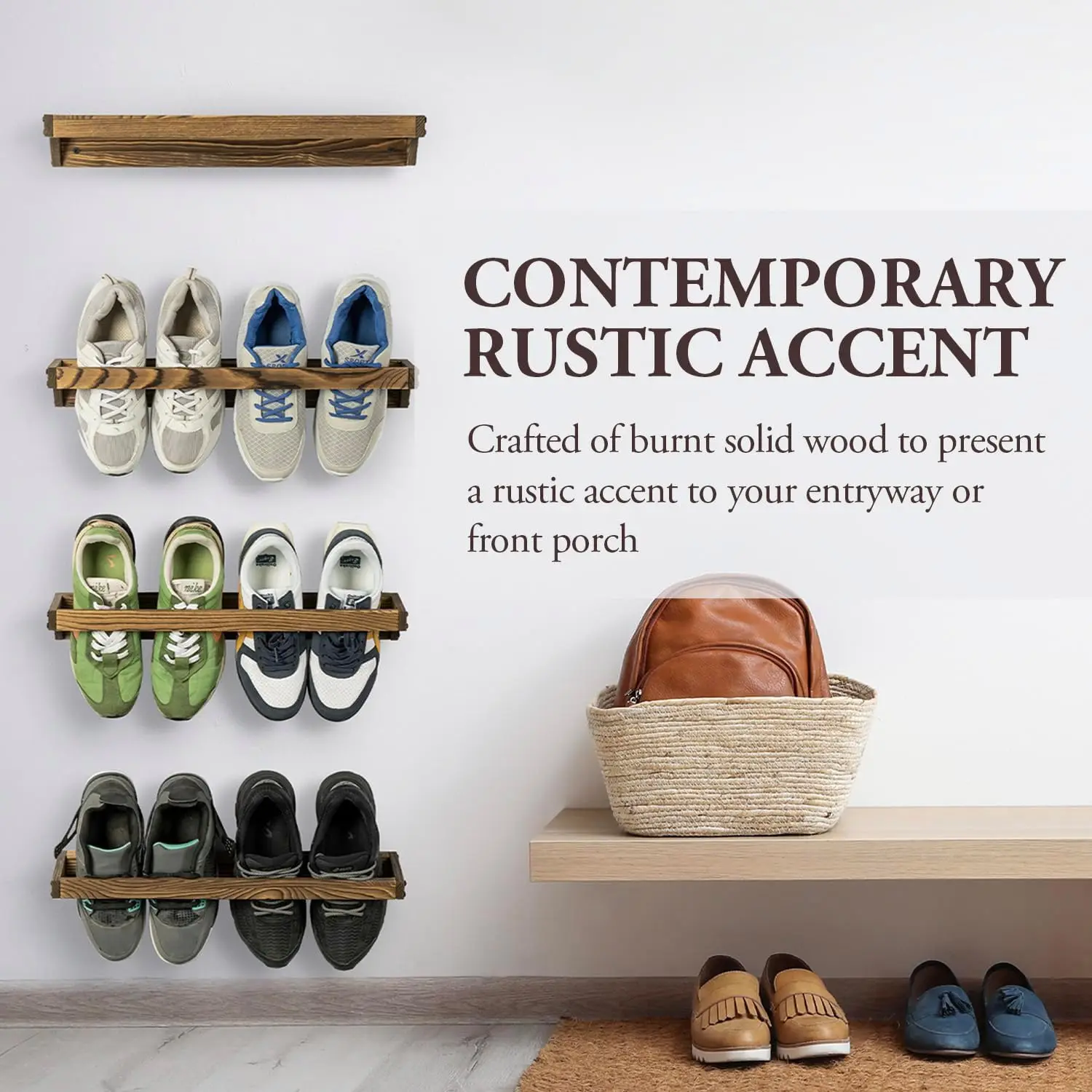 ift Set Of 4 Rustic Burnt Solid Wood Hanging Shoe Storage Organizer Racks, Wall Mounted Space Saving Footwear Holder For