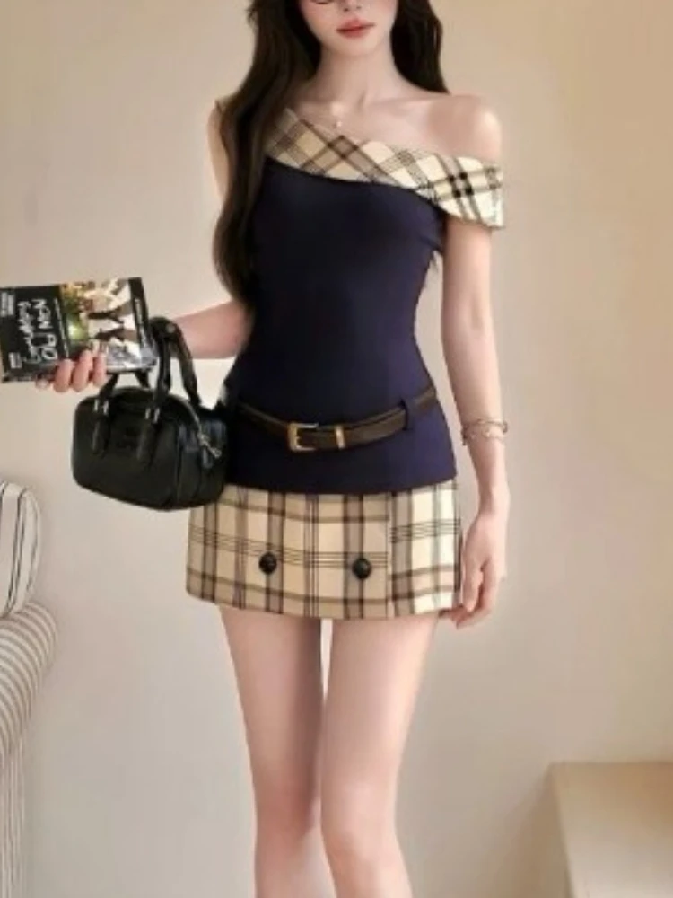 French Hot Girl 2 Piece Sets Women Summer Chic One Shoulder Spliced High Waist Plaid  Button Skirt Suits Korean Daily Streetwear