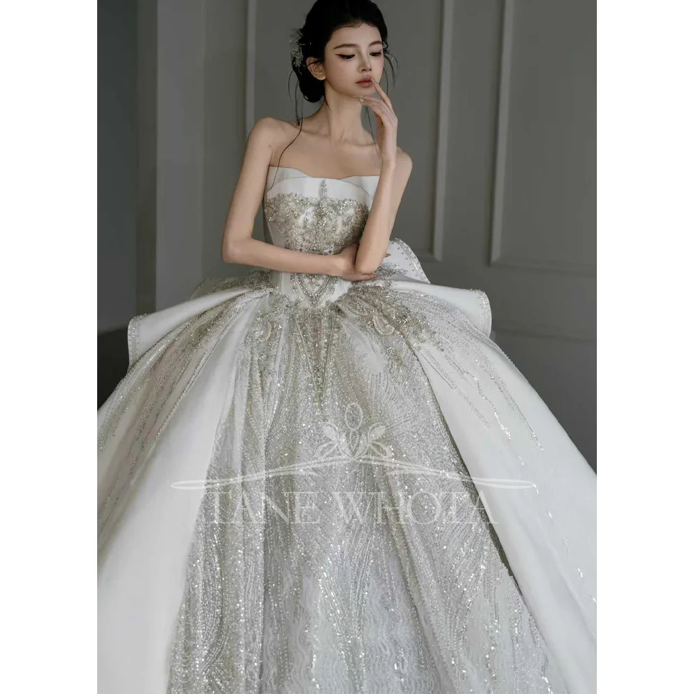 Abito da sposa bianco senza spalline con perline e paillettes per abito da sposa personalizzato sexy da sposa