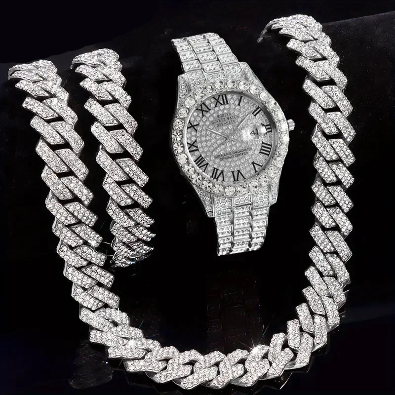 3 Stück Halskette + Armband + Uhr Kubanische Kettenuhr für Männer Hip Hop Miami Curb Iced Out Gepflasterter Strass Rapper Kubanische Männer Schmuckset