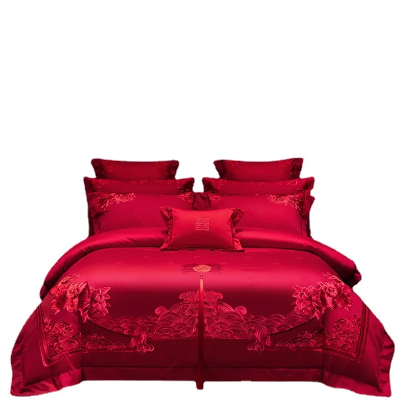 140 Thread Count Long Staple Cotton Four Piece Set Embroidered Wedding Celebration All Cotton Embroidered Red