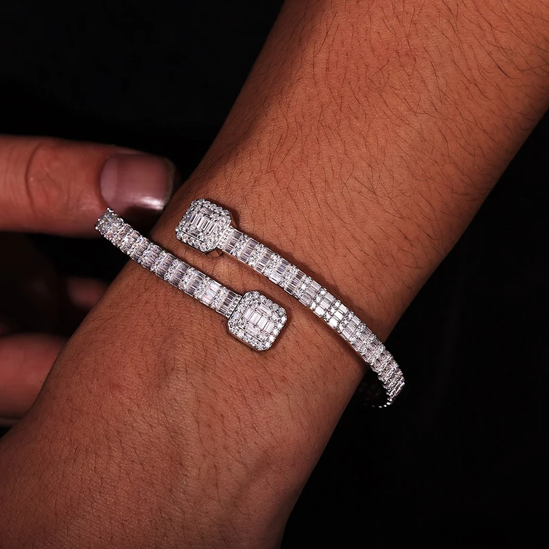Luxurious S925 Silver and Moissanite Paved Bling Iced Out Geometric Open Cuff Bangle Bracelets for Men Hip Hop Rapper Jewelry