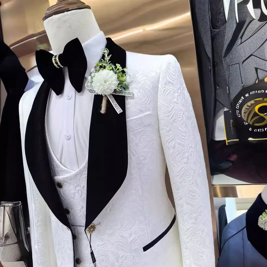 Thorndike Mens Wedding Suits White Jacquard with Black Satin Collar Tuxedo3 Pcs Groom Terno Suits for Men(Jacket+Vest+Pants) view 5