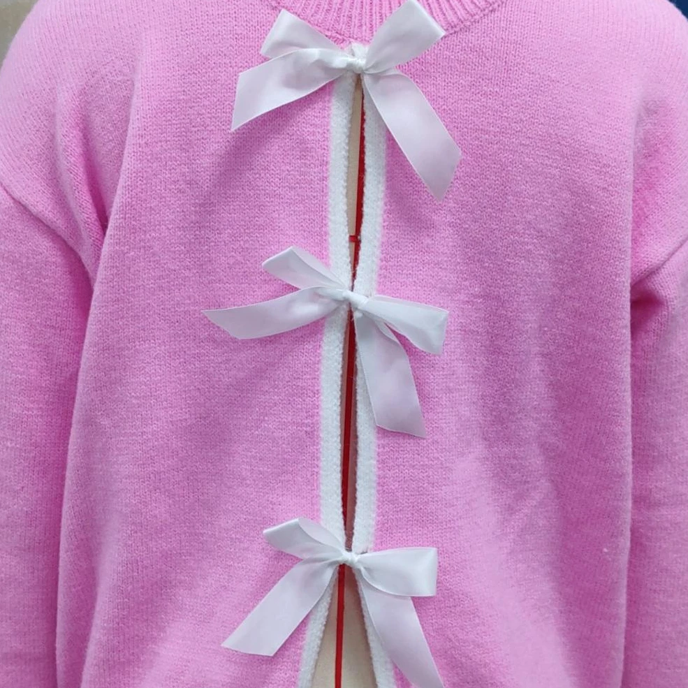 

Elegant Women's Bow Tie Back Sweater Stylish Ribbed Contrast Trim Long Sleeve Loose Fit Casual Knit Tops for Fall & Winter