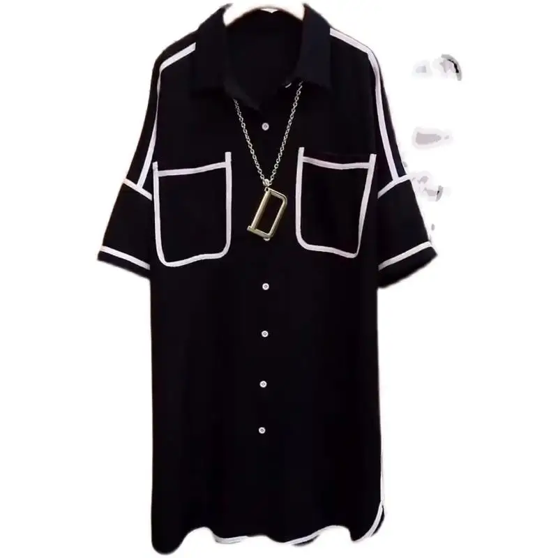 Blusa holgada de Color liso con cuello de Polo, camisa informal con bolsillos de un solo pecho, decoración de líneas brillantes que combina con