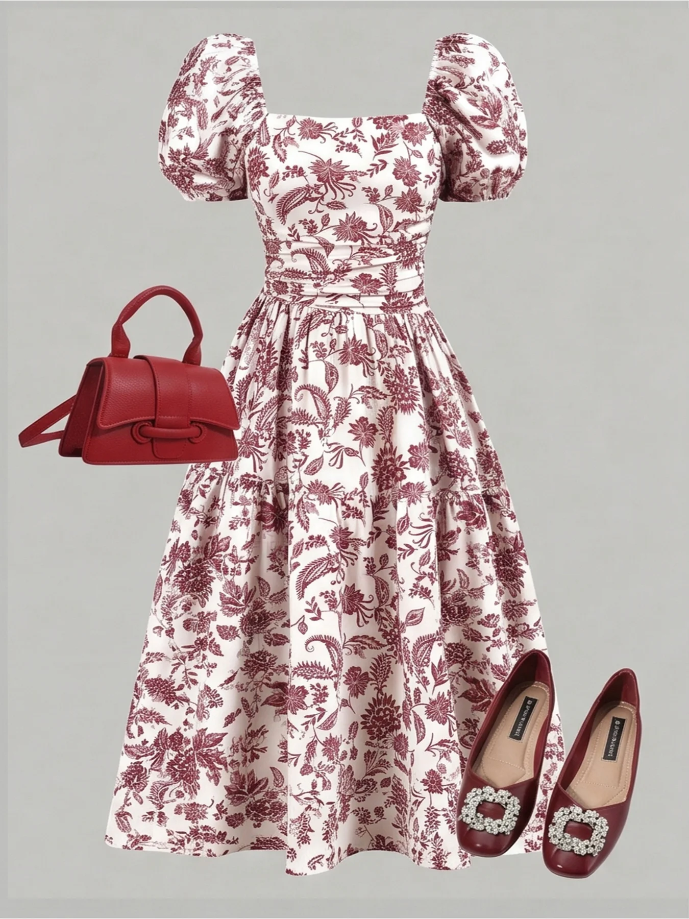 Lässiges Kleid mit Blattmuster, quadratischem Kragen, lockerer Passform, kurzen Ärmeln und tailliertem, langem Rock für Kinder und Frauen. – Detail 3