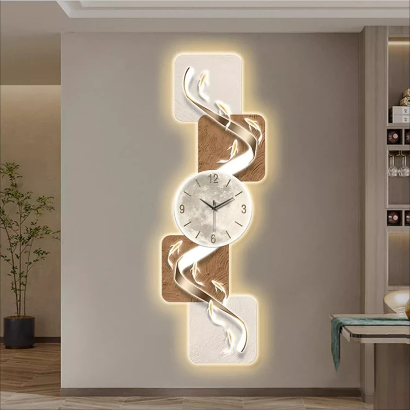 2026 New Model Nine Fish Graph Entrance Wall Clock Living Room Mute Digital Wall Clock Corridor LED Luminescent Mural Home Decor