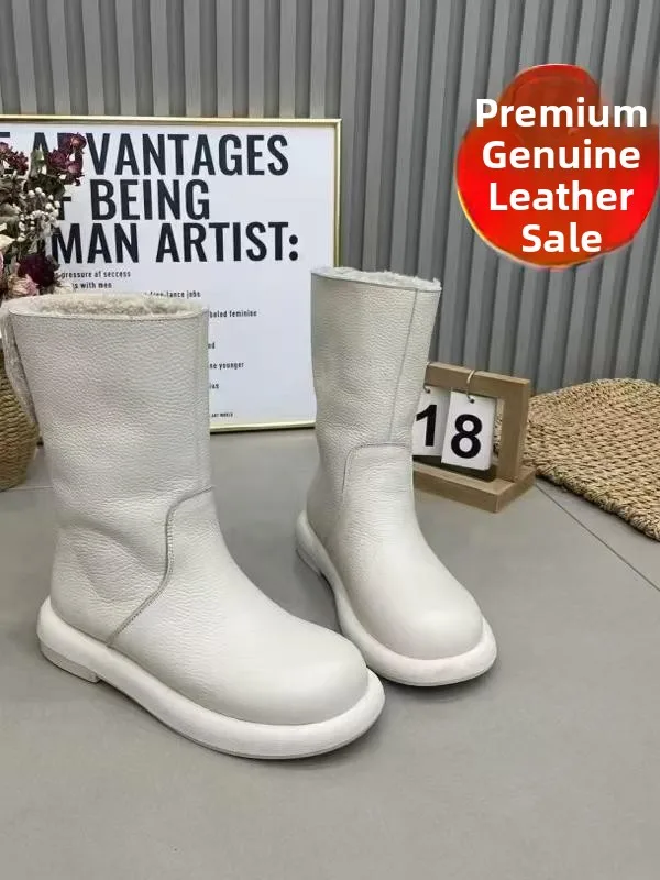 

Women's Boots Flat Bot Genuine Leather Fce Lined Warm Snow Boots Mid-Calf Winter New Sle European Goods