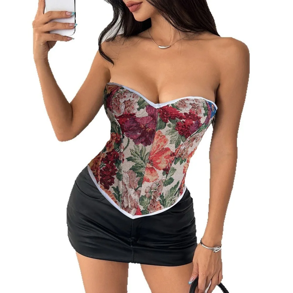 Top Corset Vintage Estilo Corte con Varillas Jacquard, Top Moldeador con Lazo Frontal Estilo Bandeau, Lencería Bodys Sexy Mujer Gótico