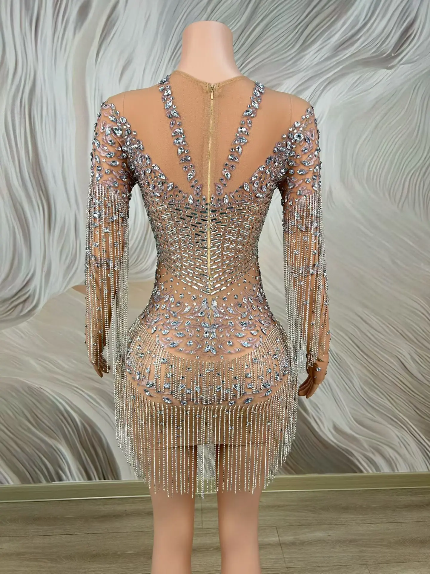 Qiuling Elegant Woman high-end Evening Gowns Sparkling Silver Rhinestone Fringe Dress Wedding Party Dress Birthday Prom Gowns