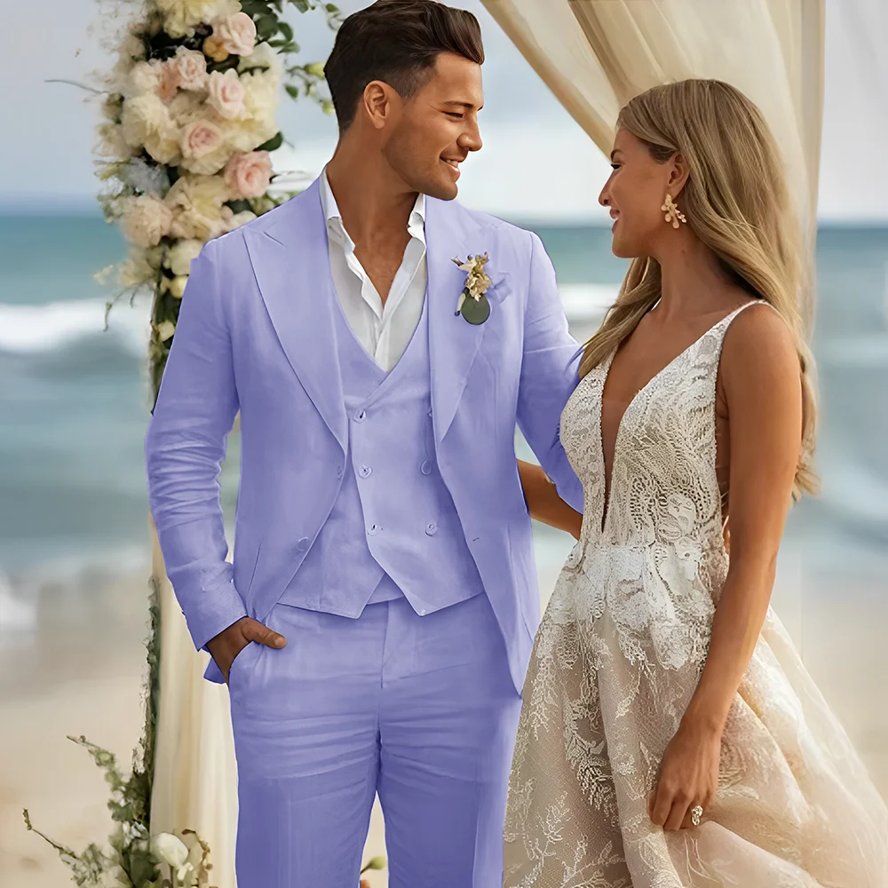 Beige Linen Suit for Mens Summer Wedding Tuxedo 3-piece Party Outfit Custom Slim Men's Blazer （XS-5XL）