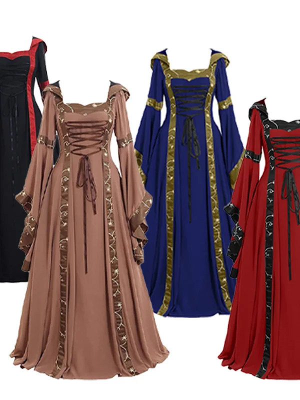 Medieval Multi-Color Retro Hooded Square Collar Dr Stage Performance Costume for Girls loween Performance Traditional C...