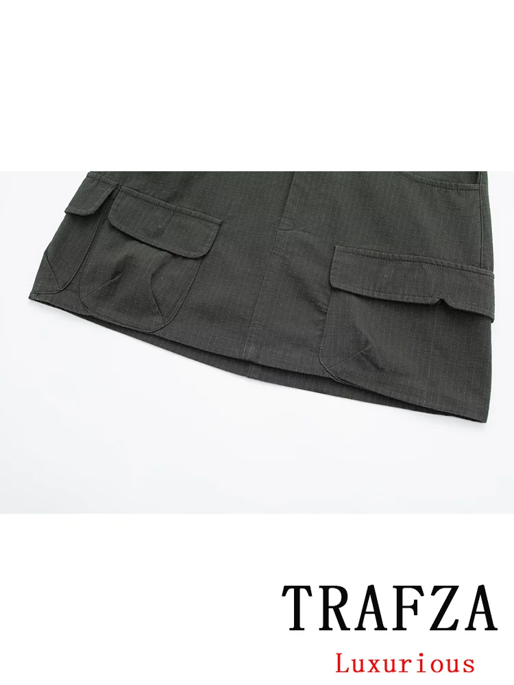 TRAFZA Casual Vintage Chic Women Skirt Solid Button Pockets Straight Mini Skirt Fashion 2024 Spring Holiday Streetwear Skirt