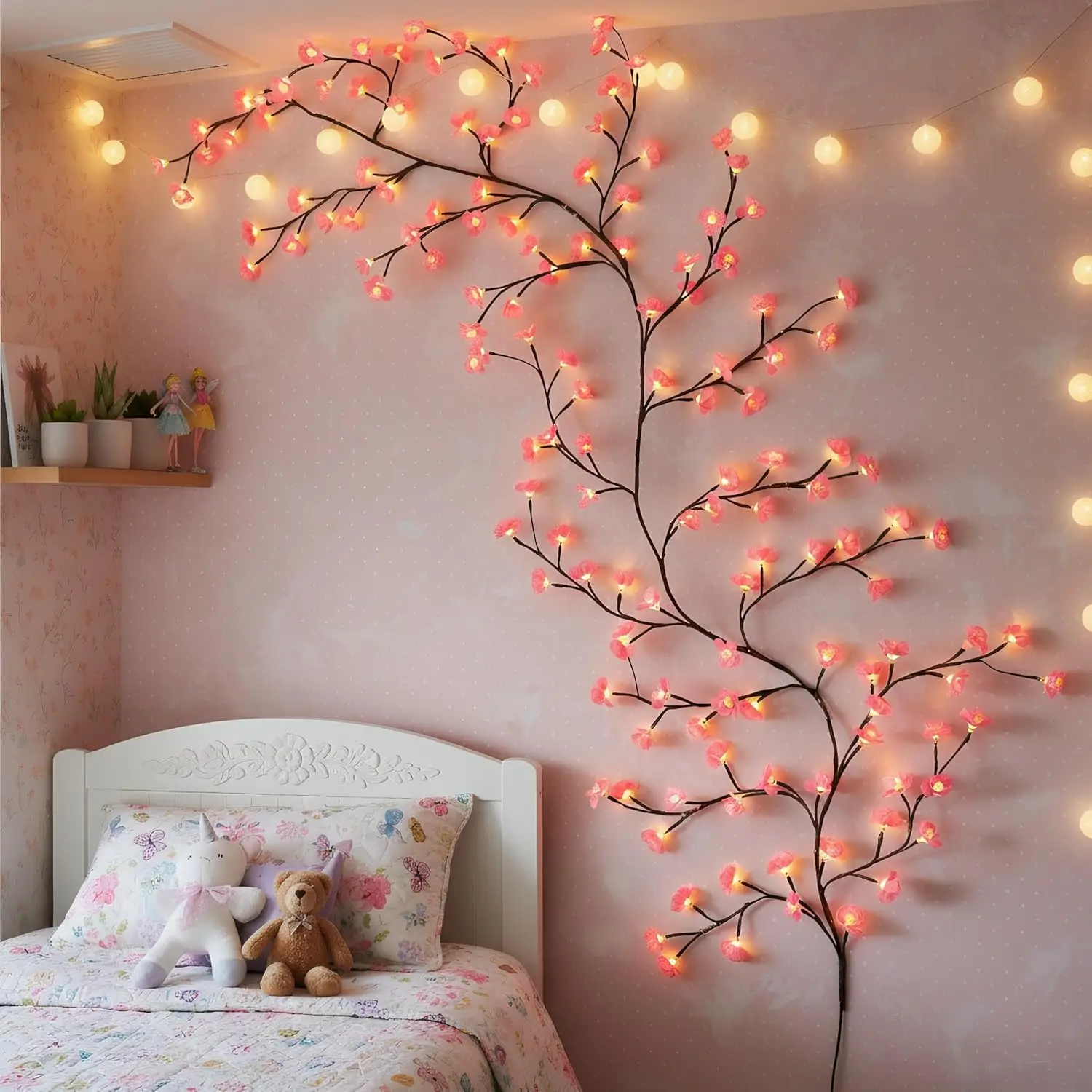 1pc-ピンク桜の花のつるライト、72-96led-ブランチライト、8-つの点滅モード、usb-電源、寝室、屋内、ホームパーティー用