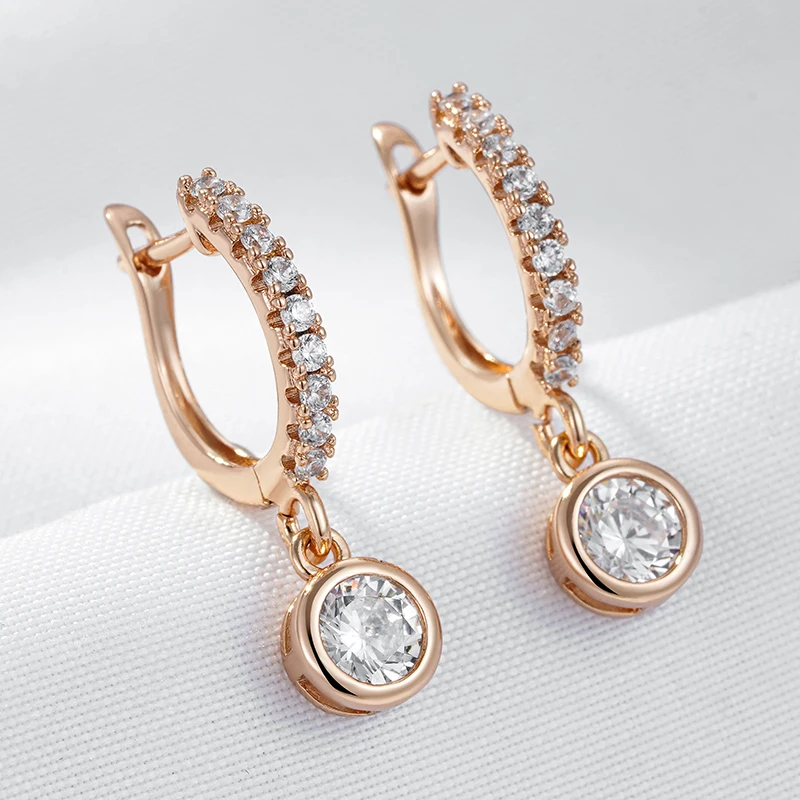 Wbmqda Fashion Round Natural Zircon Pendant Earrings For Women 585 Rose Gold Color Girls Ear Drop Jewelry Gifts Accessories