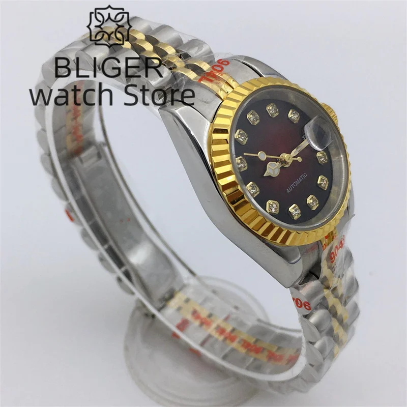 BLIGER 26mm argento oro orologio meccanico di lusso per donna NH05 movimento quadrante rosso diamante indice data orologio da donna in vetro zaffiro