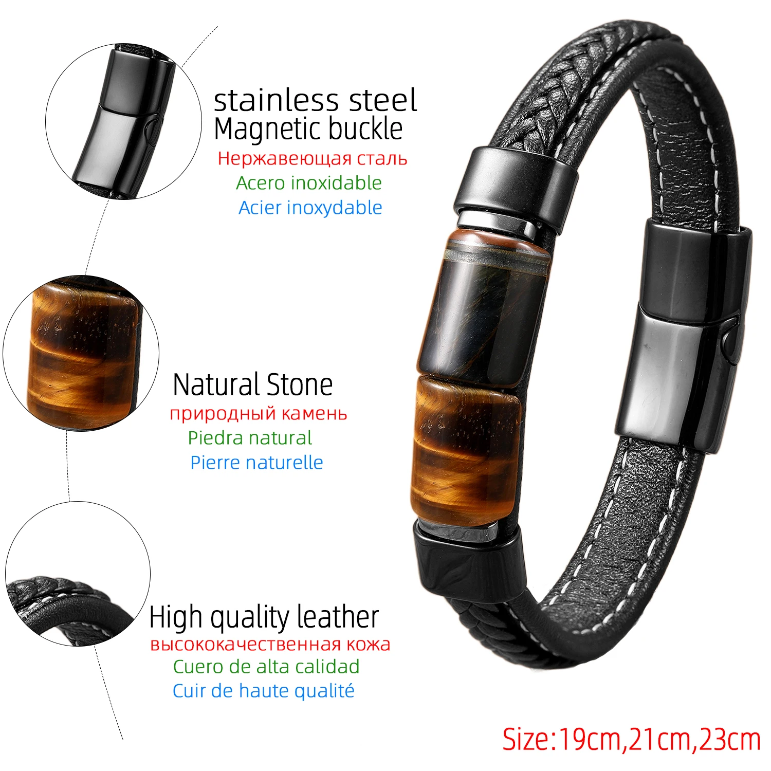 Natürliches Tigerauge-Steinarmband für Männer Hochwertiger Edelstahl Lederband Energiestein Pulseras Hombre Geschenk für Ihn – Detail 9