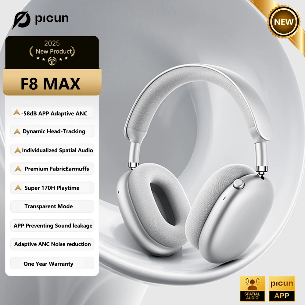 Picun F8 Pro ANC Draadloze hoofdtelefoon 3D Ruimtelijk audio Head Tracking -52dB ANC HIFI Bluetooth-headset ENC HD Microfoon APP met lage latentie