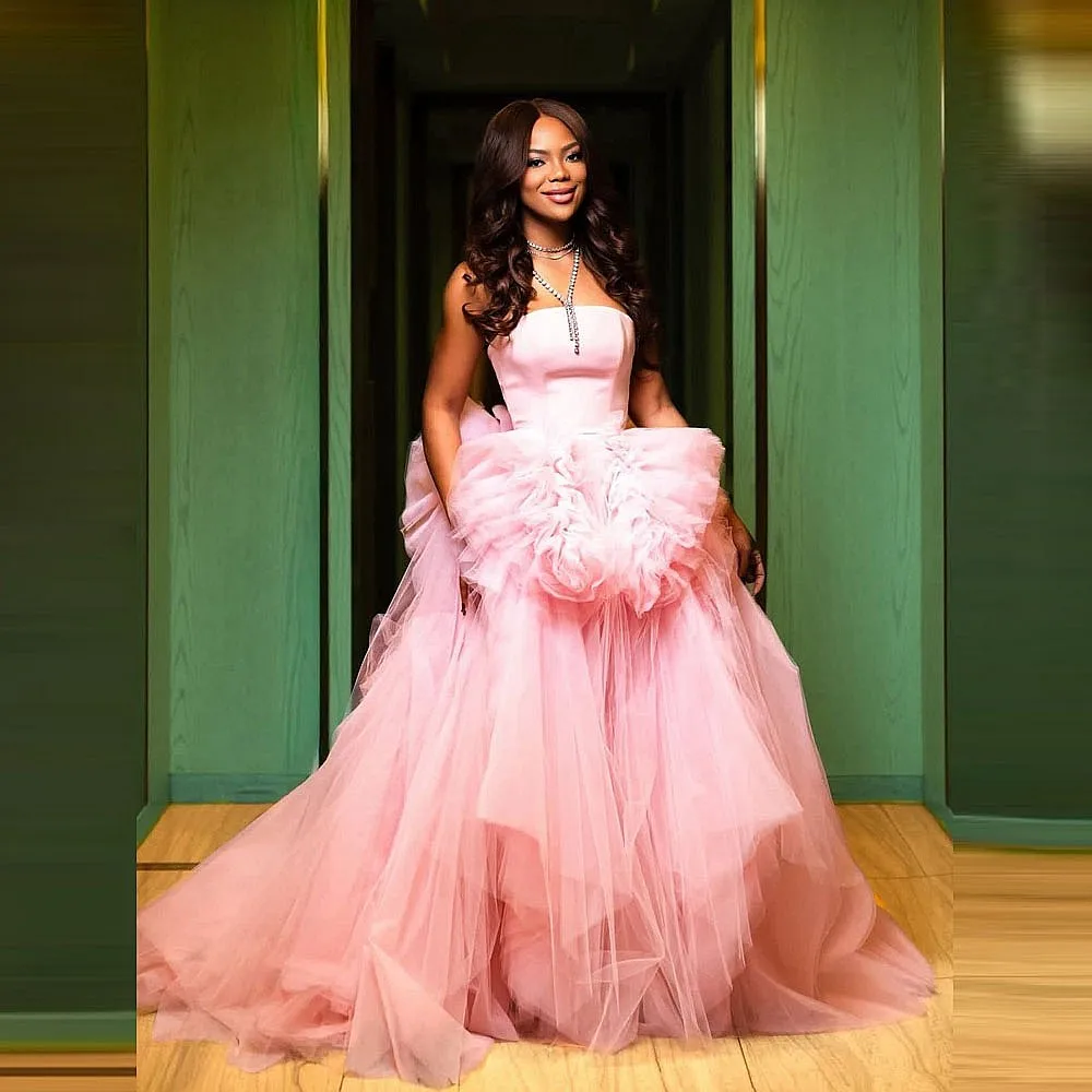 Princess Pink Tulle Wedding Party Dresses 2026 Fluffy Tiered Tulle Birthday Dress Strapless Vestidos
