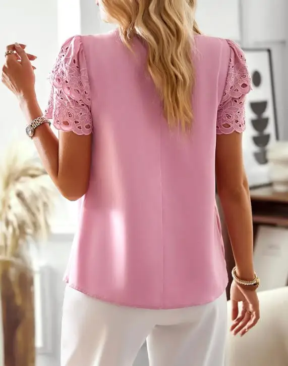 

Elegant Women's T-Shirt Summer New Solid Color Round Neck Hollow Bubble Sleeves Sweet T-Shirt Top Suitable for Daily Use