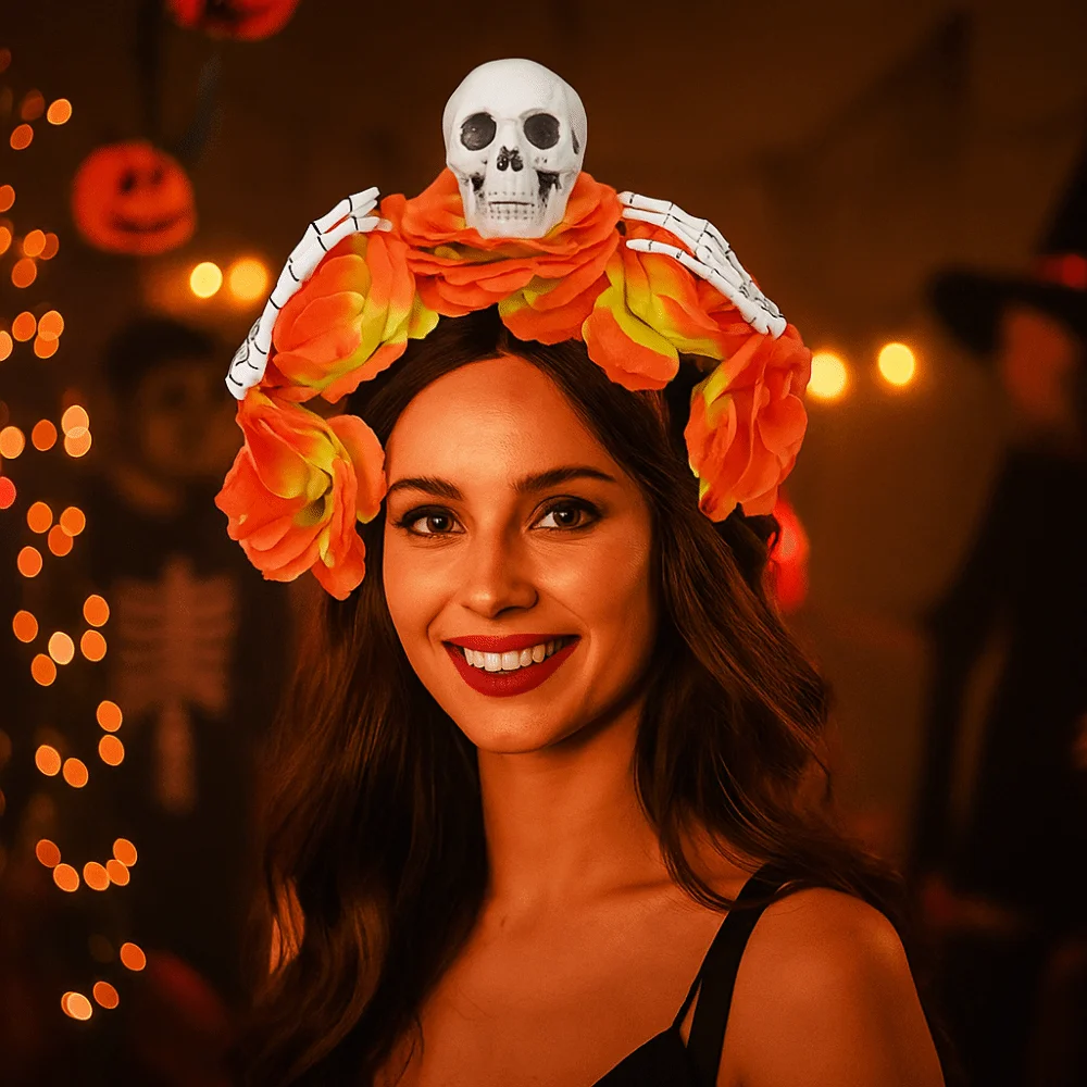 مبالغ فيها الجمجمة رئيس عقال هالوين ديكور محاكاة زهرة هالوين الشعر هوب الملونة مضحك القوطية زهرة هيرباند