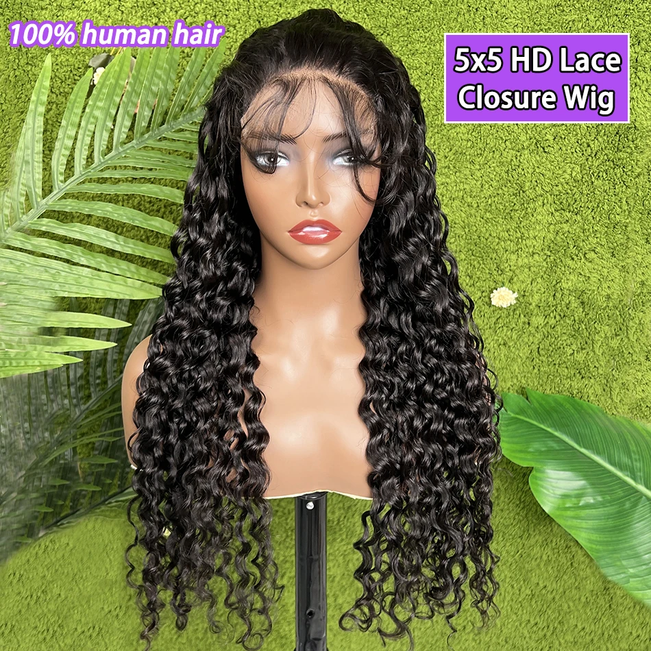 

Парики из натуральных волос Water Wave 5x5 HD Lace Closure # Натуральный черный цвет 1B, 200% плотность, предварительно выщипанные, обесцвеченные узлы, вьетнамские необработанные натуральные волосы