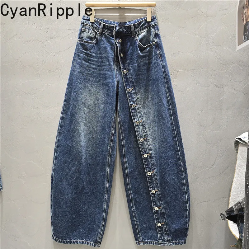 American Personality Single-breasted Hot Chick Wide Leg Jeans New Autumn All-match High Waist Floor-length Women Denim Pants