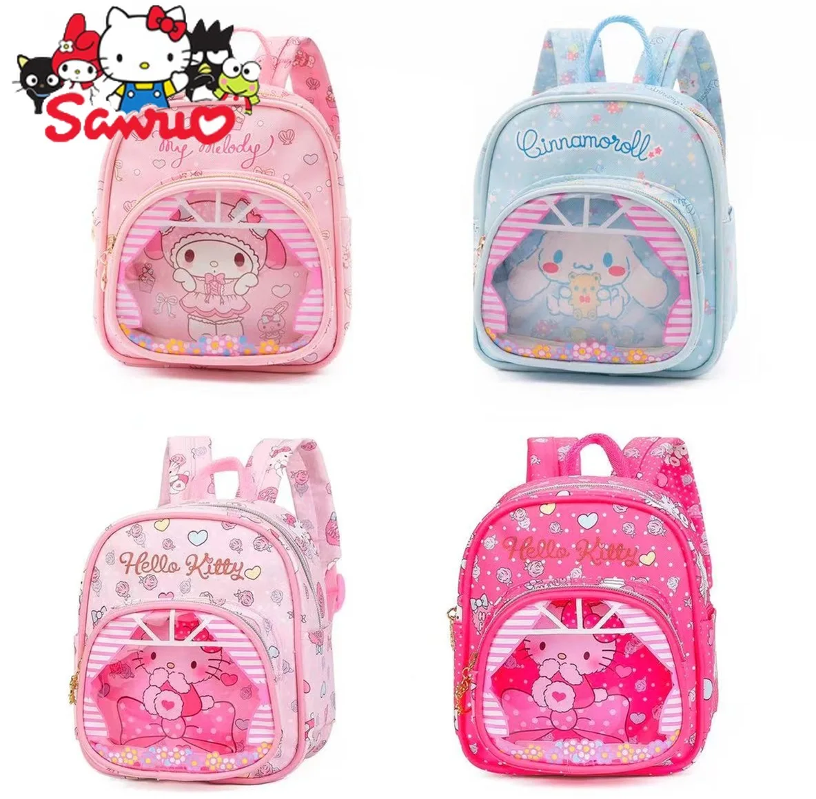 

MINISO Melody Kuromi Hello Kitty Cinnamoroll Pochacco Cartoon KT Grabber Leather Mini Schoolbag Transparent Children's Backpack