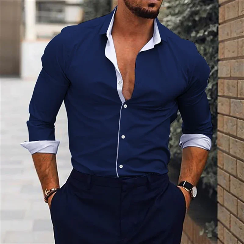 2023 Men's Shirt Suit Lapel Office Leisure Outdoor Sports Gym Stitching Simple Fashion Solid Color Soft Comfortable Plus Size