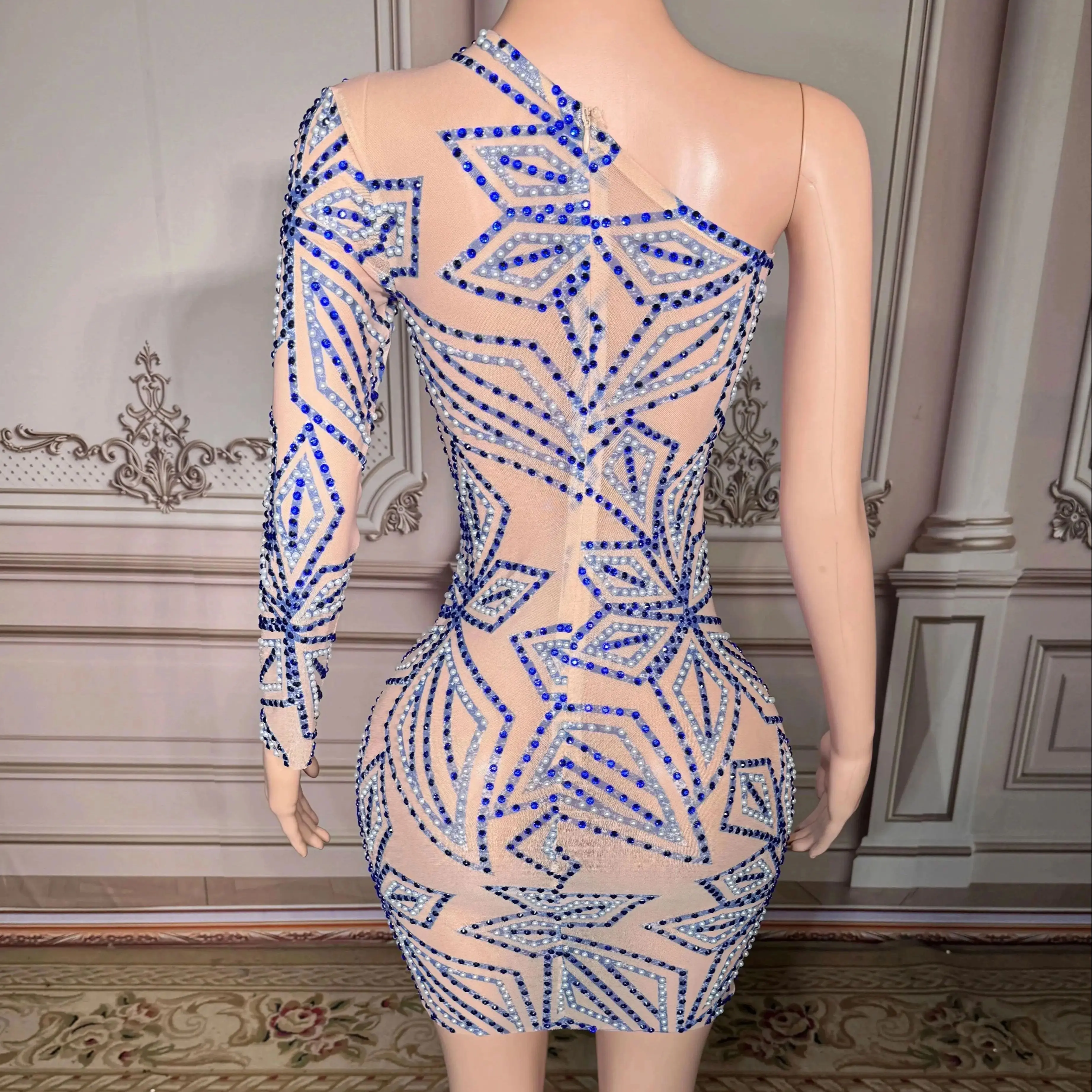 

ZD Blue pearl Mini Dress One-shoulder fancy Party Dress Birthday Outfits Night Club Wear rhinestone Applique For Dresses