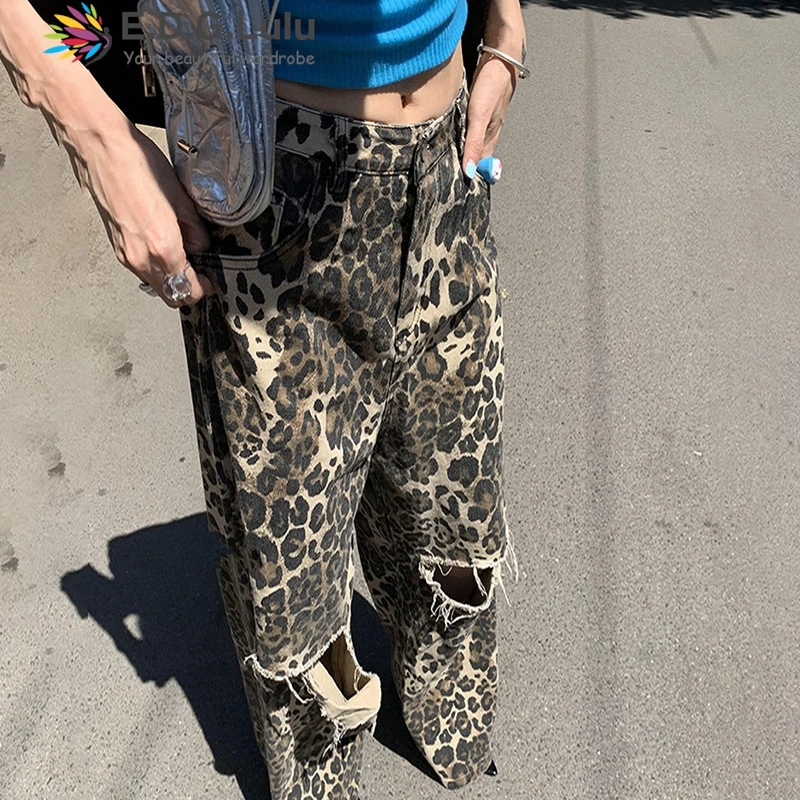 

EDGLuLu Retro Leopard Print Wide Leg Jeans Pants High Waisted Slim Design Hollowed Out Hole Straight Leg Jeans Pants New 0712