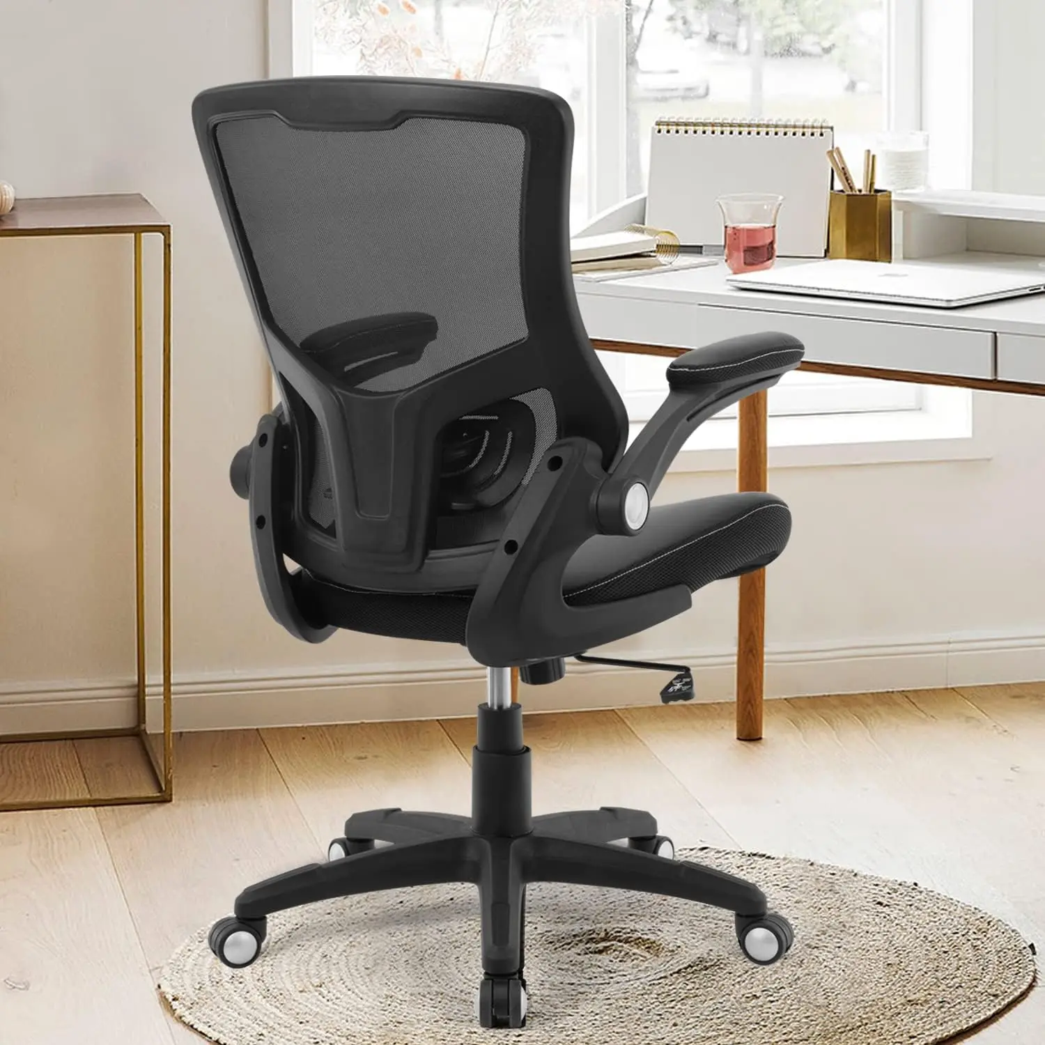 Computer PU Leather Home Office Chair, Swivel Mesh Back Adjustable Lumbar Support Flip-up Arms Executive Task Chair